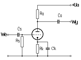 Schemat wzmacniacza triodowego m.cz. z kondensatorem katodowym